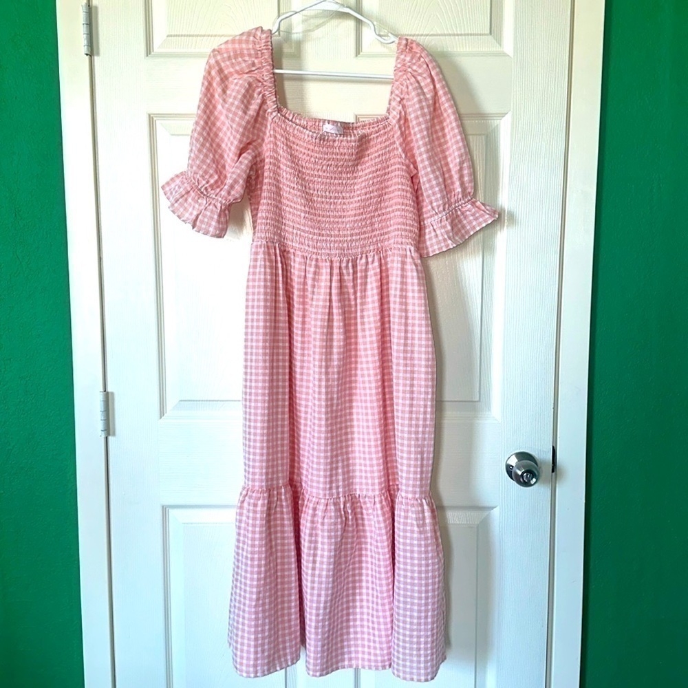 Ces Femme Midi puffed short sleeved pink and white checkered dress Sz L